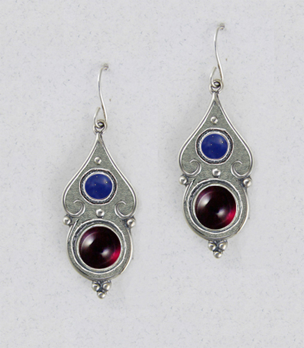 Sterling Silver Gothic Look With Garnet And Lapis Lazuli Gemstone Drop Dangle Earrings